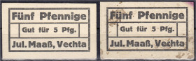 Banknoten
Deutsches Notgeld und KGL
Vechta (Oldenburg)
Jul. Maaß, Kurz- Galanterie- und Lederwaren o.D. 2 X 5 Pfg. Beide mit violettem Stempel. II ...