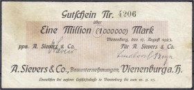Banknoten
Deutsches Notgeld und KGL
Vienenburg (Hannover)
A. Sievers & Co. Bauunternehmen, 1 Mio. Mark 17.8.1923. Gültig bis 10.9.1923. Wz. Hakenmä...