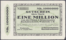 Banknoten
Deutsches Notgeld und KGL
Walsrode (Hannover)
Buchdruckerei, J. Gronemanns, 1 Mio. Mark 17.8.1923. Blanco, o. KN. III, rechte Seite Einri...