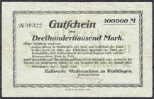 Banknoten
Deutsches Notgeld und KGL
Wathlingen (Hannover)
Kaliwerke Niedersachsen Aktiengesellschaft, 300 Tsd. Mark 7.8.1923. Mit Handunterschrift....