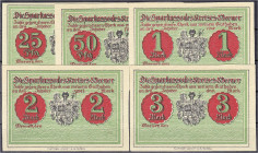 Banknoten
Deutsches Notgeld und KGL
Weener (Niedersachsen)
5 Scheine der Sparkasse des Kreises zu 25, 50 Pfg., 1, 2 u. 3 Mark o.D. Blanko ohne Kont...