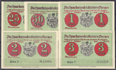 Banknoten
Deutsches Notgeld und KGL
Weener (Niedersachsen)
5 Scheine der Sparkasse des Kreises zu 25, 50 Pfg., 1, 2 u. 3 Mark o.D. Konto F. meist I...