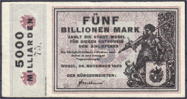 Banknoten
Deutsches Notgeld und KGL
Wesel (Rheinland)
5 Bio. Mark Schein der Stadt 20.11.1923. Bild des Ritters wie auf der Reichsbanknote zu 5 Mar...