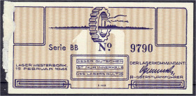 Banknoten
Deutsches Notgeld und KGL
Westerbork (Niederlande)
Lager, Gutschein, 10 Cent 15.2.1944. Druckprobe dunkelblau auf orangebraun. Links Kleb...