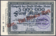Banknoten
Deutsches Notgeld und KGL
Wetter/Ruhr (Westfalen)
Stadt, 5 Bio. Mark roter Überdruck auf 5 Mio. Mark o.D. Wz. Dreieckrad. III. Keller 558...