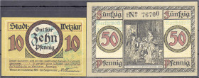 Banknoten
Deutsches Notgeld und KGL
Wetzlar (Rheinland)
Stadt: 2 Scheine zu 10 u. 50 Pfg., mit grünem Frakturstempel 'Goethe Woche' 12.- 14.9.1922....