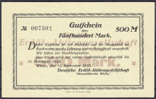 Banknoten
Deutsches Notgeld und KGL
Wietze (Hannover)
Deutsche Erdöl-Aktiengesellschaft, 500 Mark 12.9.1922. Gültig bis 31.12.1922. I-II, selten. L...