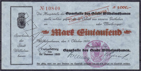 Banknoten
Deutsches Notgeld und KGL
Wilhelmshaven (Oldenburg)
Sparkasse der Stadt, 1000 Mark 5.10.1922. Ohne Wz., mit Perforation "Bezahlt". II-, ä...