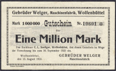 Banknoten
Deutsches Notgeld und KGL
Wolfenbüttel (Braunschweig)
Gebrüder Welker Maschinenfabrik, 1 Mio. 15.8.1923. Gültig bis 30.9.1923. Wz. Winter...