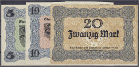 Banknoten
Deutsches Notgeld und KGL
Wongrowitz (Posen)
Stadt, 3 Scheine zu 5, 10 u. 20 Mark 12.10.1918. Mit Perforation "Ungiltig". 20 Mark Fehldru...