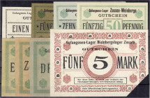 Banknoten
Deutsches Notgeld und KGL
Zossen Weinberge (Brandenburg)
Kriegsgefangenenlager, 8 verschiedene Scheine zu 1, 5, 10, 50 Pfg. und 1, 2, 3, ...
