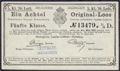 Banknoten
Sonstige Scheine
Lotteriescheine
70. Herzogliche Landes-Lotterie, 4 Thaler 7 1/2 Groschen 1871. Achtellos der 5. Klasse. Ziehung 4.5.1871...