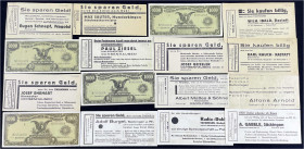 Banknoten
Lots
Deutschland
Baden/Württemberg, ca. 100 Werbescheine, meist als Gutscheine. Viele im Stil von 1000 Dollar-Scheinen, alle in RM. (Reic...