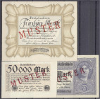 Banknoten
Lots
Deutschland
3 "MUSTER"-Scheine: 5 Mark 1.8.1917, 50 Mark 30.11.1918 (Eierschein), 50.000 Mark 9.8.1923. Alle mit Aufdruck MUSTER (wi...