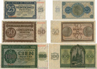 Country : SPAIN 
Face Value : 25, 50 et 100 Pesetas Lot 
Date : 21 novembre 1936 
Period/Province/Bank : Banco de Espana 
Catalogue reference : P.99a,...
