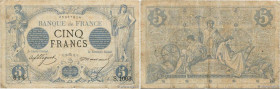 Country : FRANCE 
Face Value : 5 Francs NOIR  
Date : 26 septembre 1872 
Period/Province/Bank : Banque de France, XXe siècle 
Catalogue reference : F....