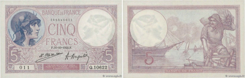 Country : FRANCE 
Face Value : 5 Francs VIOLET  
Date : 31 octobre 1922 
Period/...