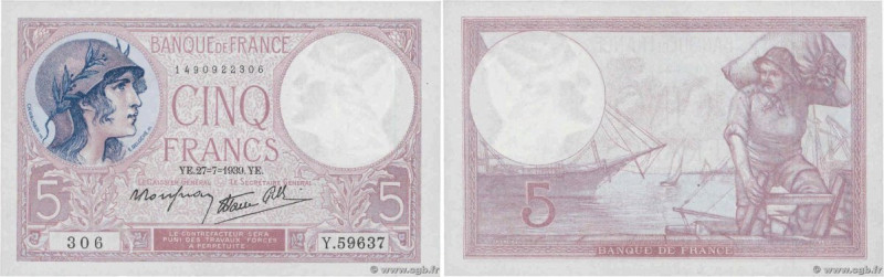 Country : FRANCE 
Face Value : 5 Francs VIOLET modifié  
Date : 27 juillet 1939 ...