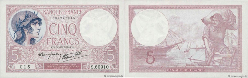 Country : FRANCE 
Face Value : 5 Francs VIOLET modifié  
Date : 10 août 1939 
Pe...