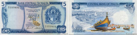 Country : MALTA 
Face Value : 5 Liri  
Date : (1973) 
Period/Province/Bank : Bank Centrali ta'Malta 
Catalogue reference : P.32e 
Alphabet - signature...