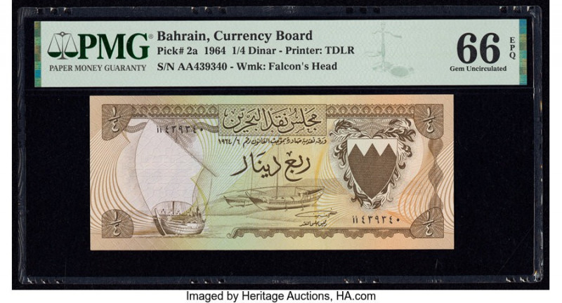 Bahrain Currency Board 1/4 Dinar 1964 Pick 2a PMG Gem Uncirculated 66 EPQ. 

HID...