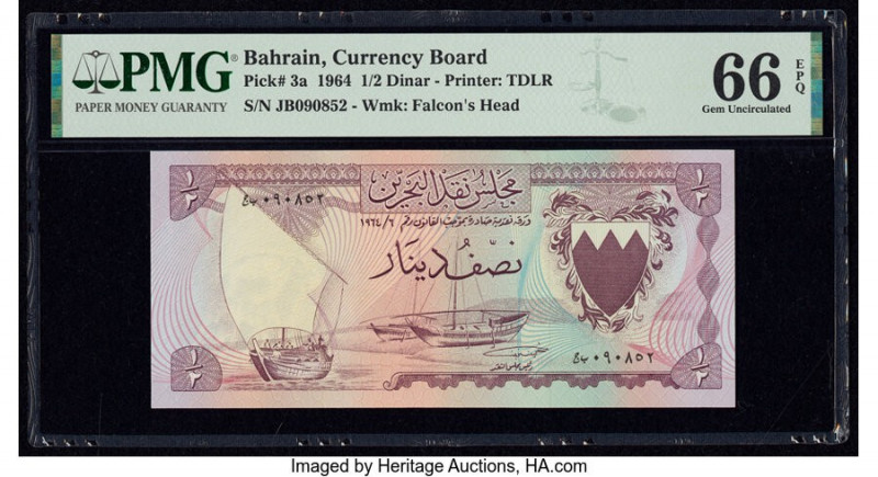 Bahrain Currency Board 1/2 Dinar 1964 Pick 3a PMG Gem Uncirculated 66 EPQ. 

HID...