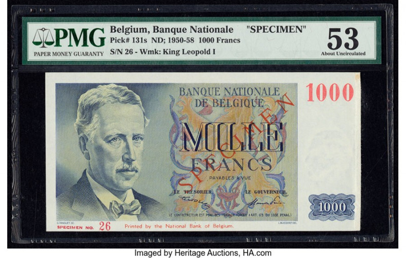 Belgium Nationale Bank Van Belgie 1000 Francs 1950-58 Pick 131s Specimen PMG Abo...