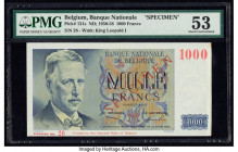 Belgium Nationale Bank Van Belgie 1000 Francs 1950-58 Pick 131s Specimen PMG About Uncirculated 53. Red Specimen overprints and previous mounting are ...