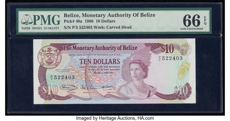 Belize Monetary Authority 10 Dollars 1.6.1980 Pick 40a PMG Gem Uncirculated 66 E...