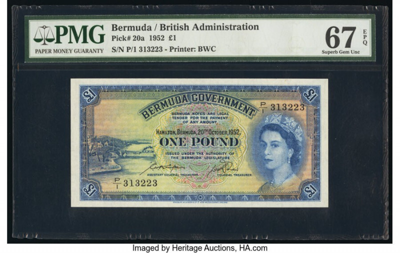 Bermuda Bermuda Government 1 Pound 20.10.1952 Pick 20a PMG Superb Gem Unc 67 EPQ...