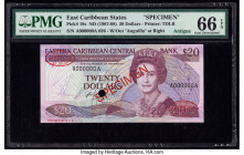 East Caribbean States Central Bank 20 Dollars ND (1987-88) Pick 19s Specimen PMG Gem Uncirculated 66 EPQ. Red Specimen & TDLR overprints along with on...