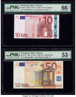 European Union Central Bank, Greece 10; 50 Euro 2002 Pick 2y; 4y Two Examples PMG Gem Uncirculated 66 EPQ; About Uncirculated 53 EPQ. 

HID09801242017...