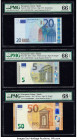 European Union Central Bank, Spain 20; 5; 50 Euro 2002; 2013; 2017 Pick 3v; 20v; 23v Three Examples PMG Gem Uncirculated 66 EPQ (2); Superb Gem Unc 68...
