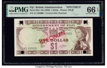 Fiji Government of Fiji 1 Dollar ND (1969) Pick 59s2 Specimen PMG Gem Uncirculated 66 EPQ. Red Specimen overprints and 4 POCs are visible on this exam...