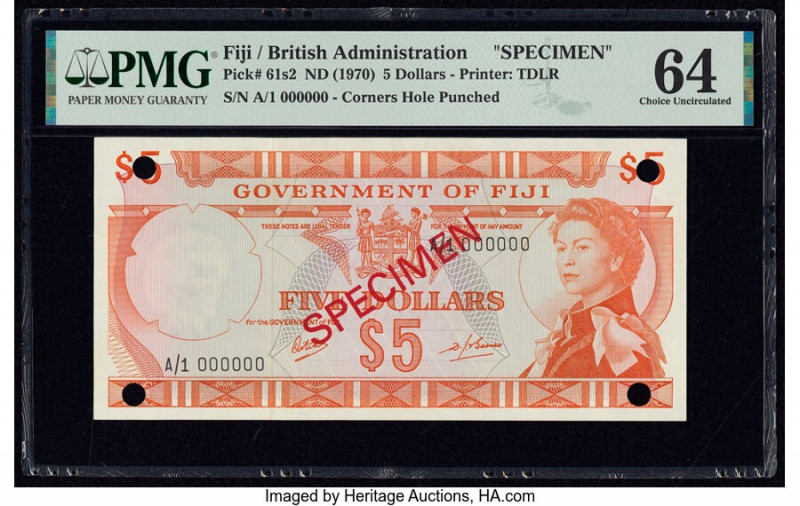 Fiji Government of Fiji 5 Dollars ND (1970) Pick 61s2 Specimen PMG Choice Uncirc...