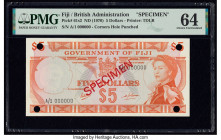 Fiji Government of Fiji 5 Dollars ND (1970) Pick 61s2 Specimen PMG Choice Uncirculated 64. Red Specimen overprints and four POCs are visible on this e...