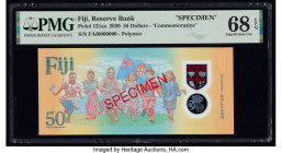 Fiji Reserve Bank of Fiji 50 Dollars 2020 Pick 121as Commemorative Specimen PMG Superb Gem Unc 68 EPQ. Red Specimen overprints are visible on this exa...