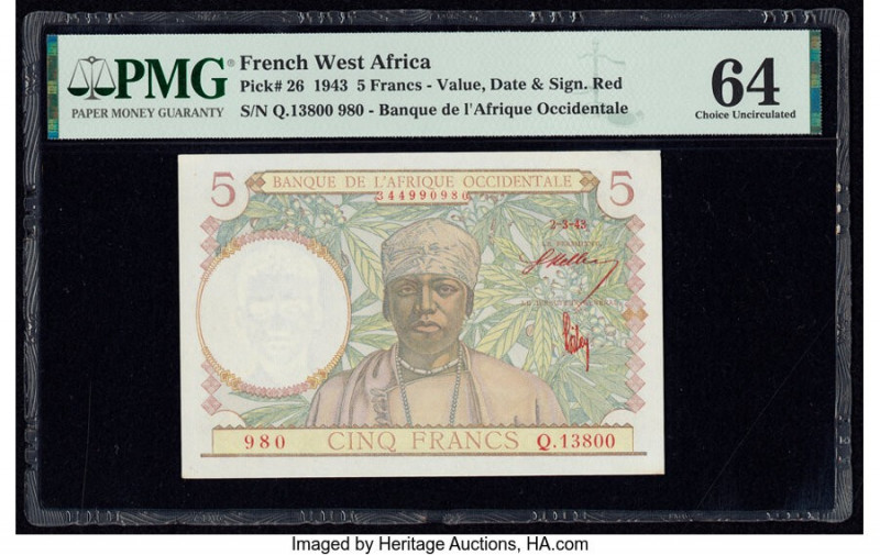 French West Africa Banque de l'Afrique Occidentale 5 Francs 1941-43 Pick 26 PMG ...