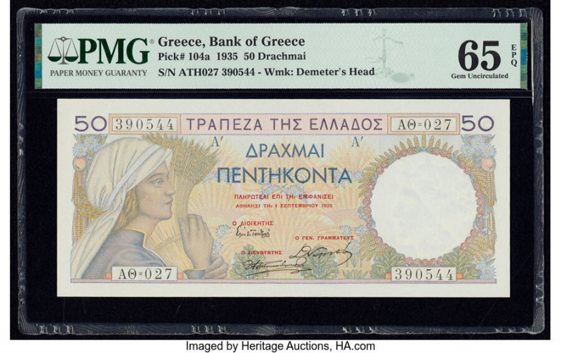 Greece Bank of Greece 50 Drachmai 1935 Pick 104a PMG Gem Uncirculated 65 EPQ. 

...