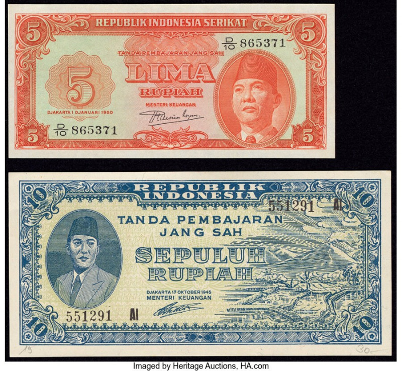 Indonesia Republik Indonesia 10; 5 Rupiah 1945; 1950 Pick 19; 36 Two Examples Ab...