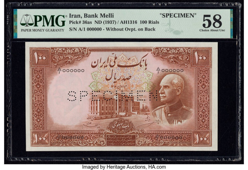 Iran Bank Melli 100 Rials ND (1937) / AH1316 Pick 36as Specimen PMG Choice About...