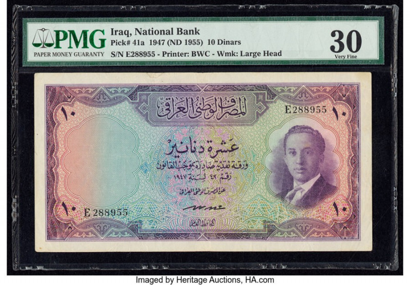 Iraq National Bank of Iraq 10 Dinars 1947 (ND 1955) Pick 41a PMG Very Fine 30. 
...
