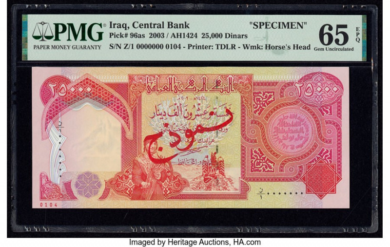 Iraq Central Bank of Iraq 25,000 Dinars 2003 / AH1424 Pick 96as Specimen PMG Gem...