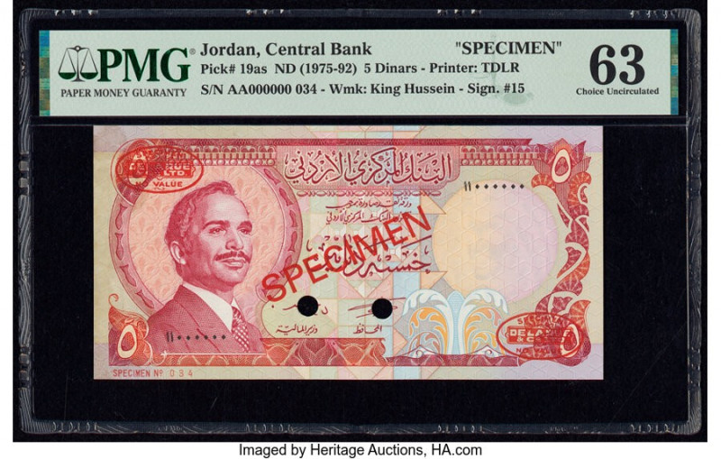 Jordan Central Bank of Jordan 5 Dinars ND (1975-92) Pick 19as Specimen PMG Choic...
