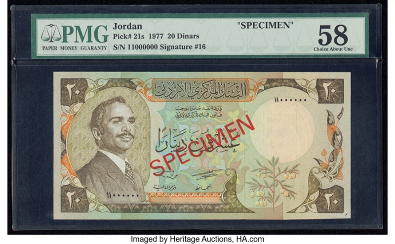 Jordan Central Bank of Jordan 20 Dinars 1977 Pick 21s Specimen PMG Choice About ...