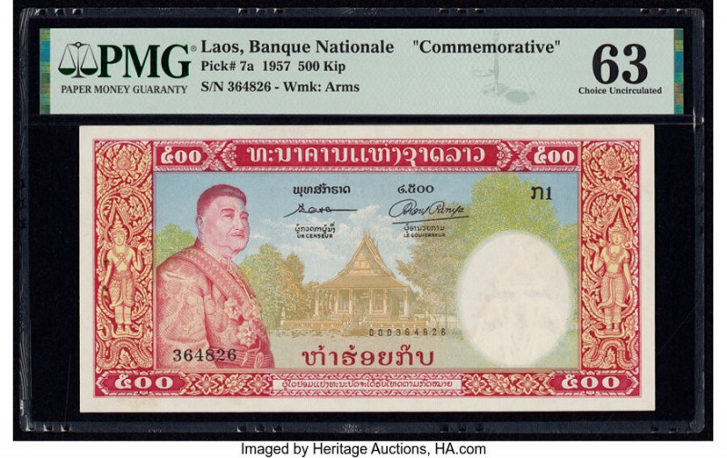 Lao Banque Nationale du Laos 500 Kip 1957 Pick 7a Commemorative PMG Choice Uncir...
