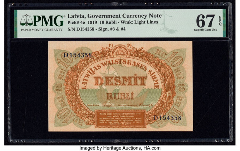 Latvia Latvian Government Currency Note 10 Rubli 1919 Pick 4e PMG Superb Gem Unc...