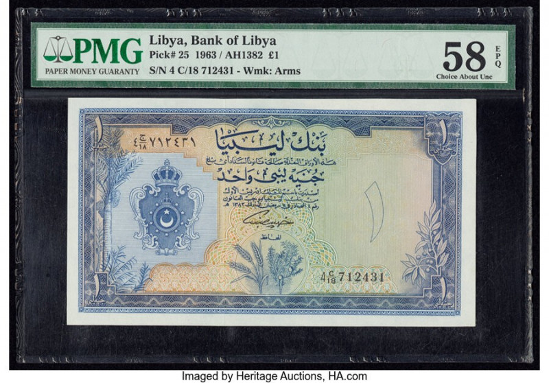 Libya Bank of Libya 1 Pound 1963 / AH1382 Pick 25 PMG Choice About Unc 58 EPQ. 
...