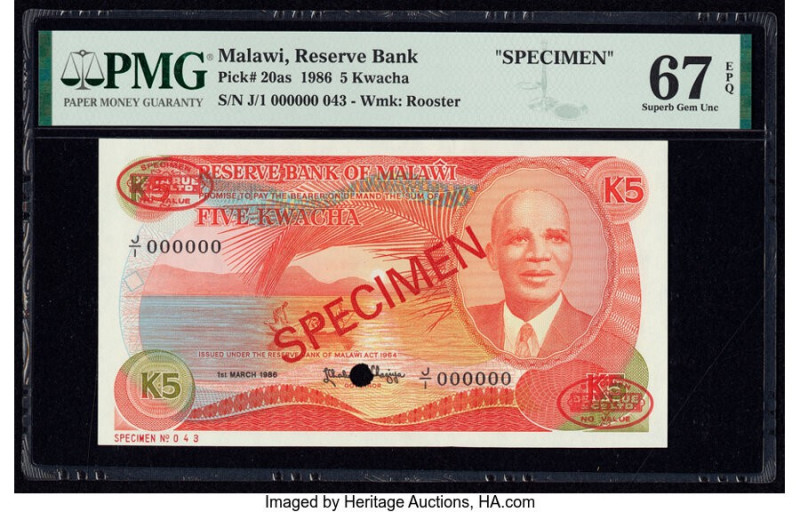 Malawi Reserve Bank of Malawi 5 Kwacha 1.3.1986 Pick 20as Specimen PMG Superb Ge...