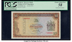 Rhodesia Reserve Bank of Rhodesia 5 Dollars 16.10.1972 Pick 32s Specimen PCGS Choice About New 58. Roulette Specimen Punch and staple holes at top lef...